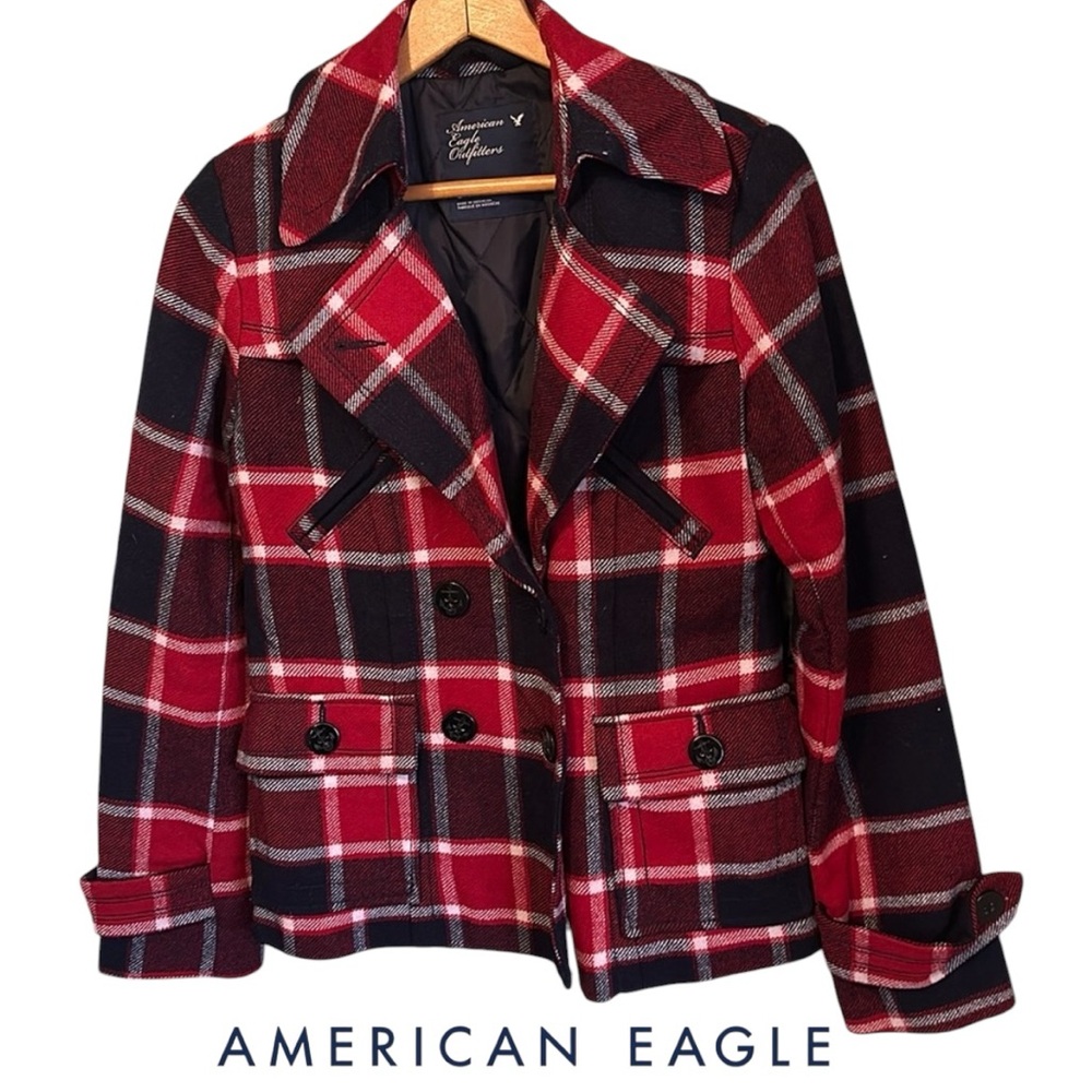 F6- Pea Coat - Wool Blend - plaid jacket American eagle outfitters delete
